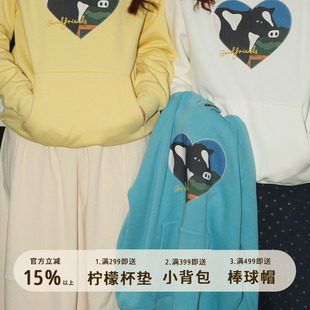 好朋友复古商店·美式 复古奶牛贴布绣加厚摇粒绒连帽卫衣女秋冬款