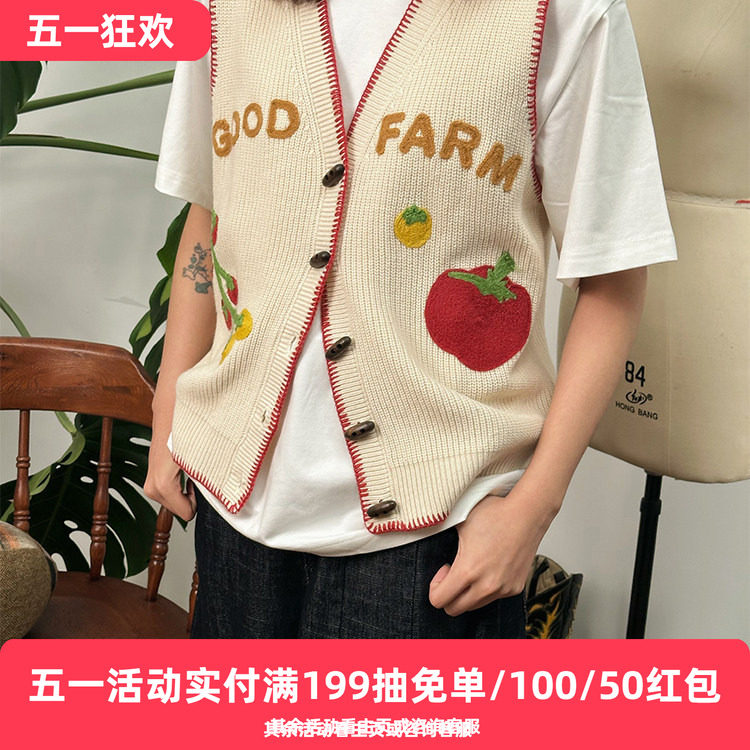 777男女同款美式复古番茄锁链绣花针织毛衣马甲开衫手工勾花边