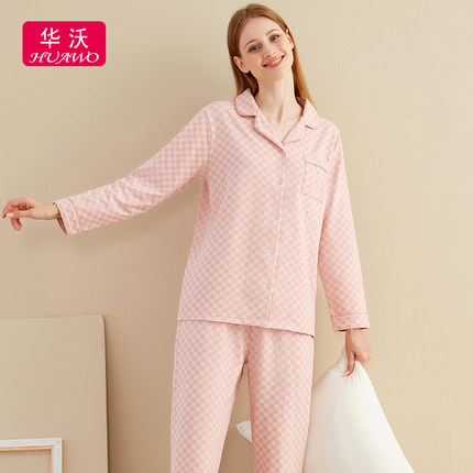 秋冬新品甜美女士中厚保暖长袖长裤睡衣家居服女双面德绒方格开衫