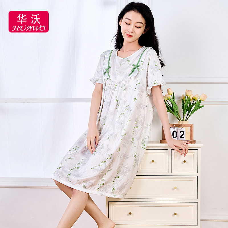 华沃竹纤维睡衣夏季女短袖连衣裙