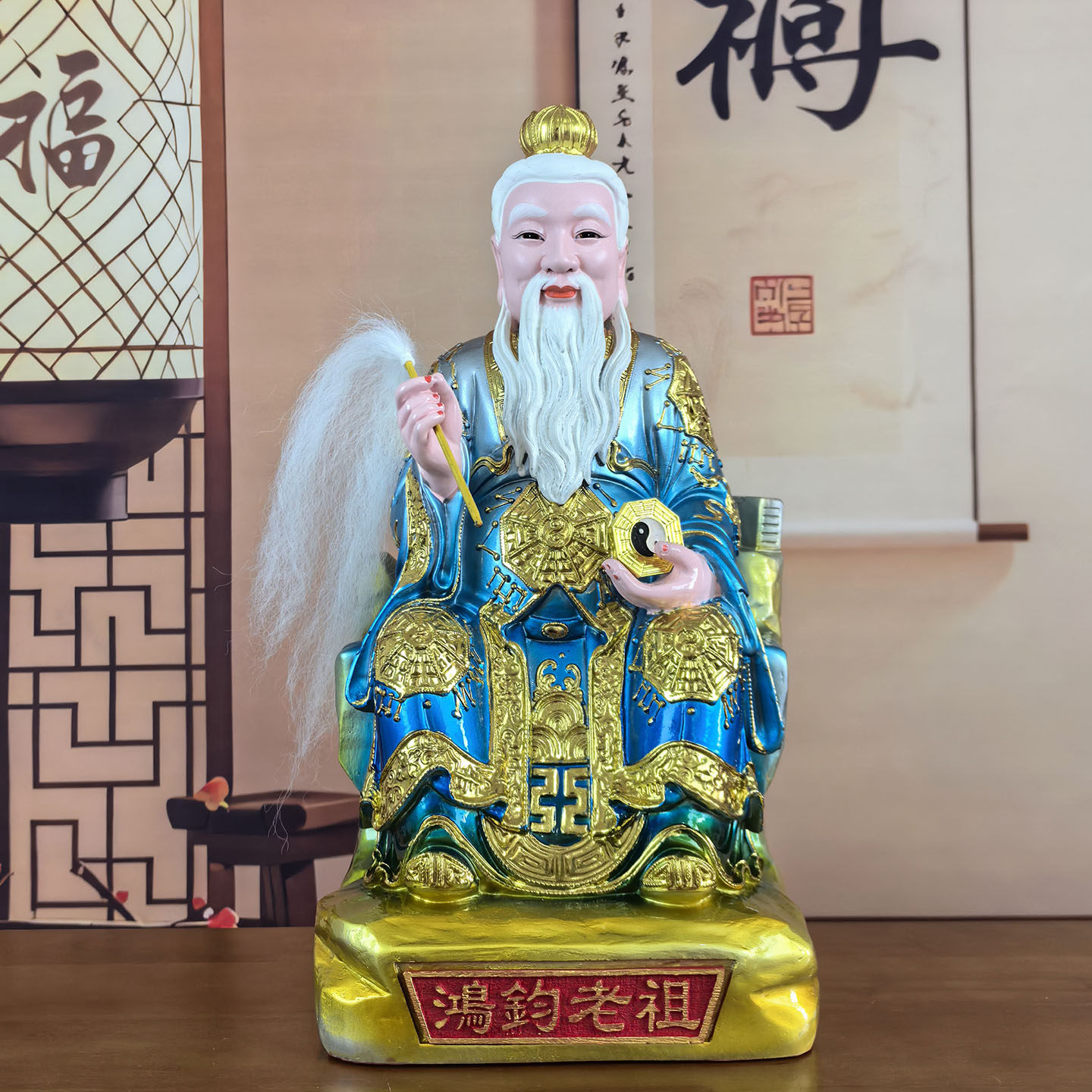 鸿均老祖神像蓝衣银彩树脂祖师像鸿钧老祖树脂佛像