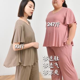 短袖胖m300斤荷叶袖子圆领上衣大码宽松女孕妇外穿家居运动夏季薄