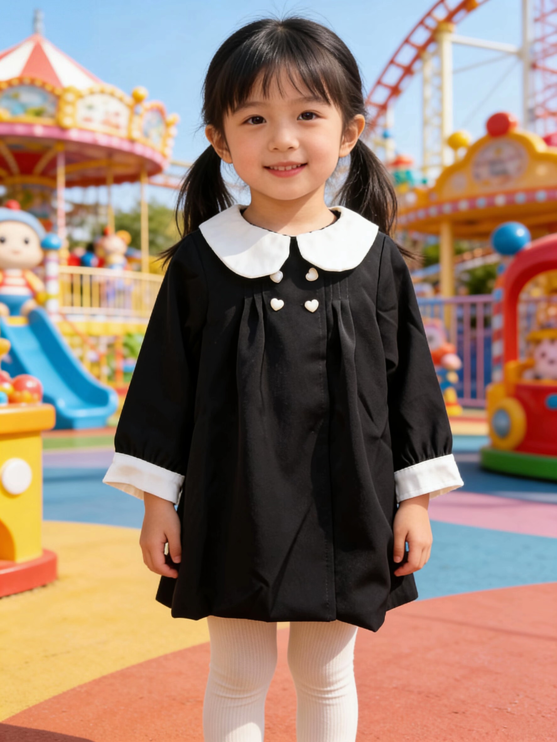 法式复古女小童小黑裙娃娃领爱心扣公主裙春季儿童洋气生日礼服