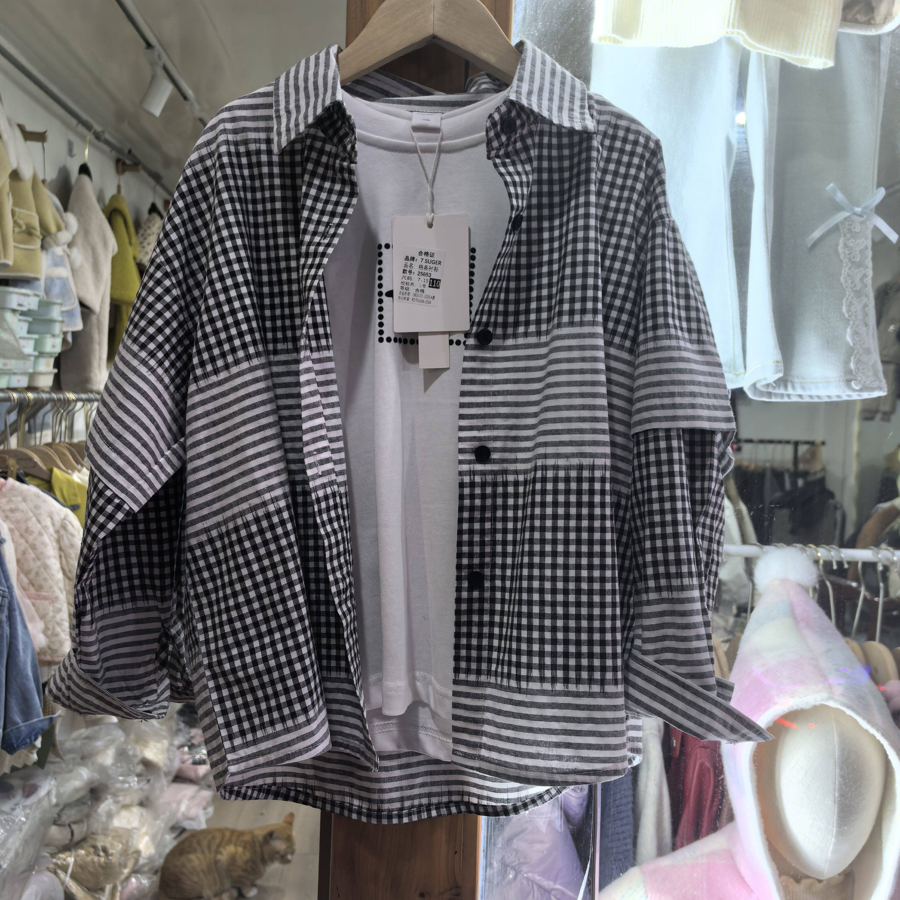 男童衬衫格子兰色儿童长袖衬衣外套春秋款中童上衣2025春装轻薄款