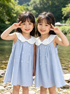 2026夏款女童洋气清新背心连衣裙女孩海军领蝴蝶结公主裙A类面料