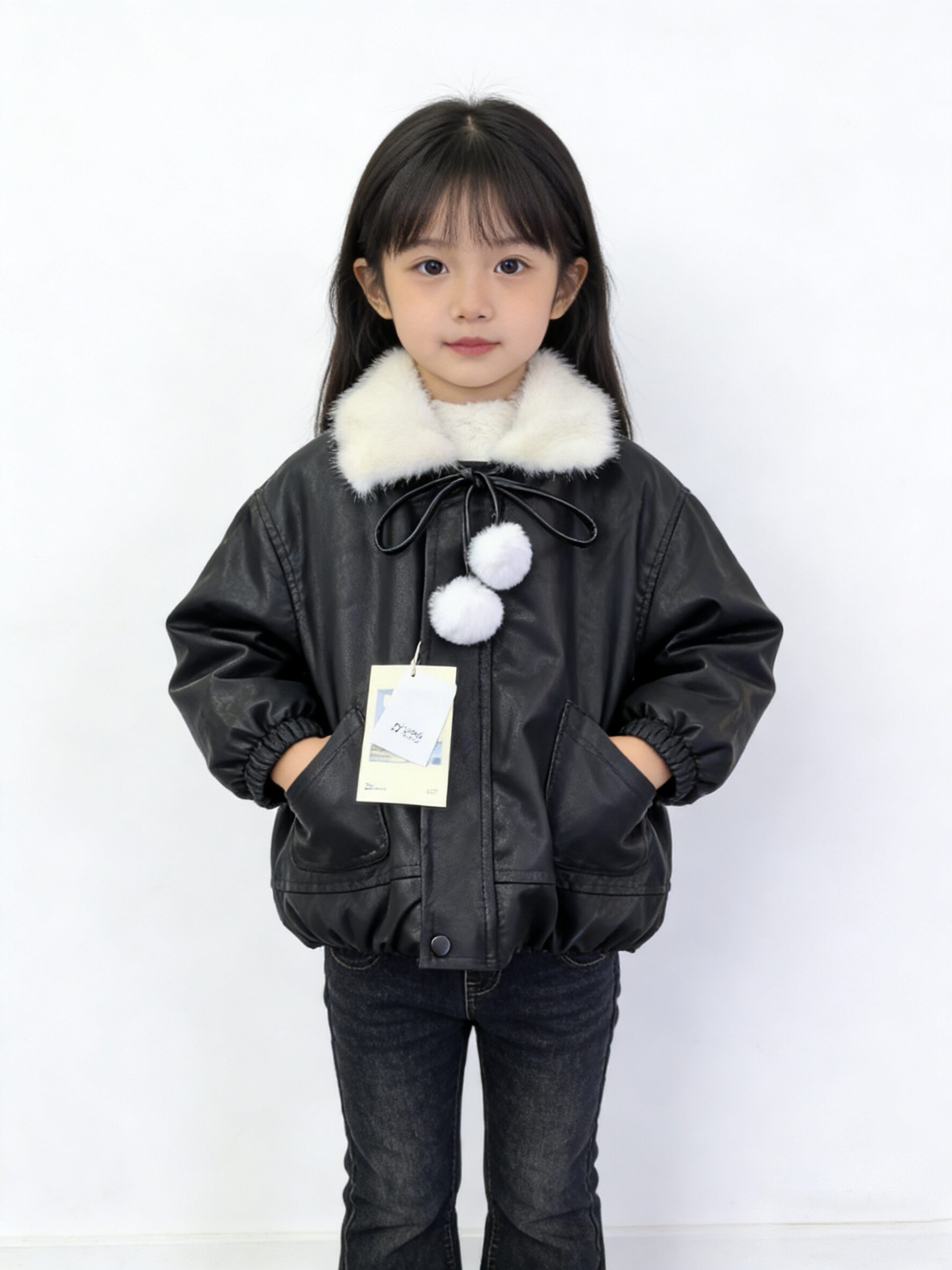 翻毛领皮衣外套男女中童2026冬季款加毛加厚毛毛球系带保暖夹克