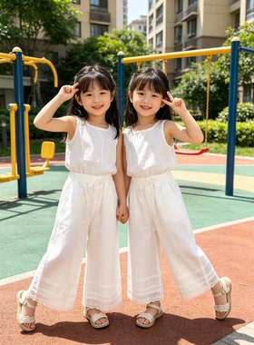 女中童花边白色直筒裤阔腿裤2026夏装儿童洋气宽松防蚊休闲裤子
