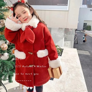 女童冬装外套2025新款儿童中长款新年妮子大衣女孩红色加绒拜年服
