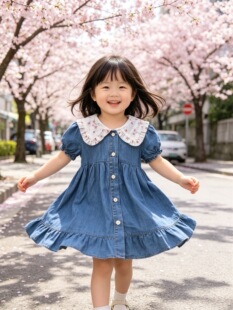 实体同步女童连衣裙夏装新款天丝牛仔裙艾莎公主裙子娃娃领洋气