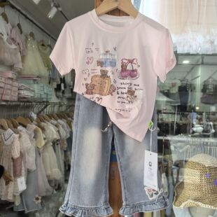 女小童短袖T恤26夏季款洋气儿童装百搭潮休闲T恤上衣二件套牛仔裤