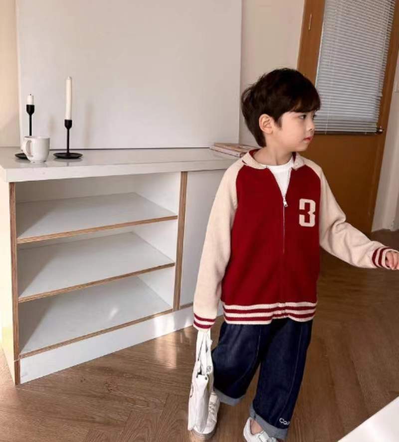 2025春新款针织衫小中童男女宝棒球服款式英伦毛线衫拉手链衫外套