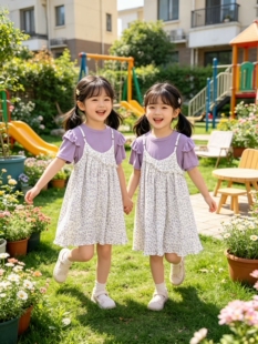 洋气中童短袖+裙子女童夏压绉雪纺裙女宝宝小女孩连衣裙二件套