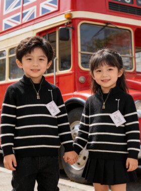 男女中童毛衣2026新款春款洋气条纹半拉链针织衫时髦休闲上衣潮