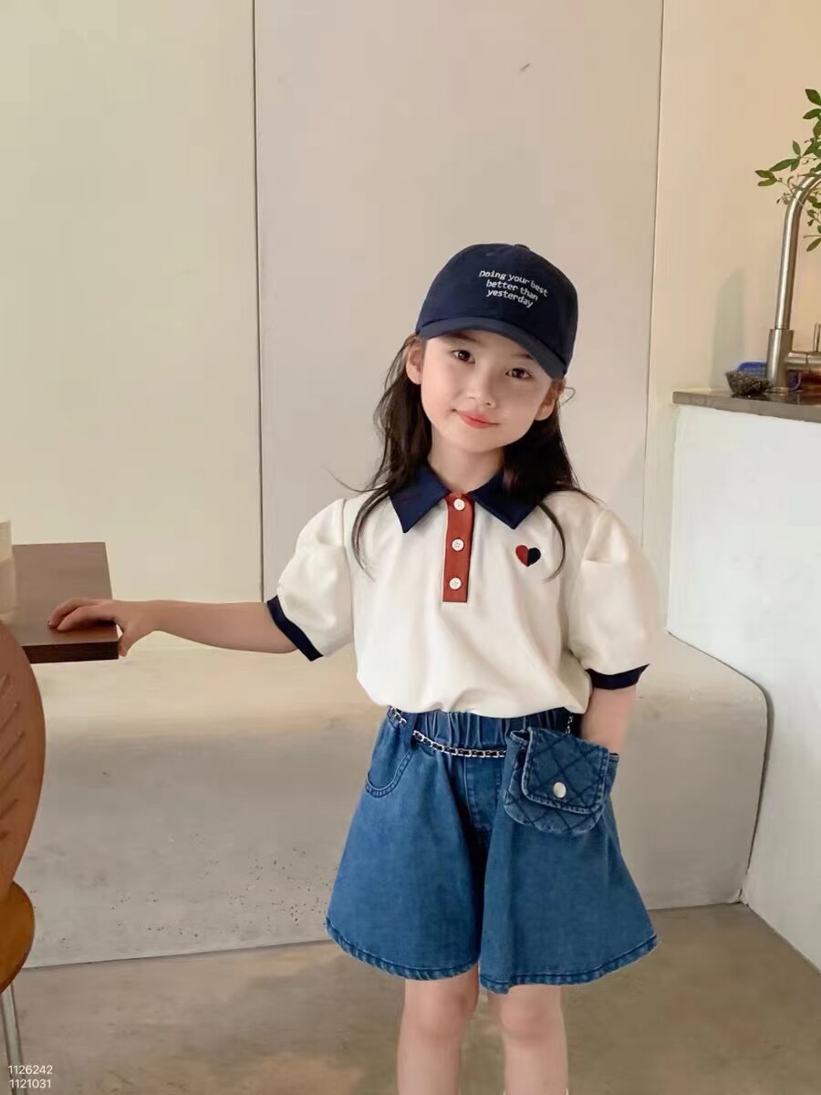 实体同步童装儿童polo衫2025夏新品女童绣标短袖爱心T恤短裤套装