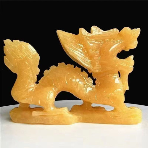 天然黄玉龙摆件黑曜石玉器装饰品