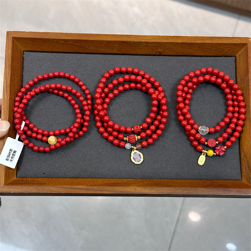 朱砂圆珠三圈手链红砂配蜜蜡手串