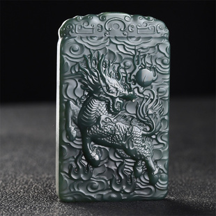 天然和田玉黑青玉塔青细料麒麟玉石挂件男女款祥瑞麒麟毛衣链项链