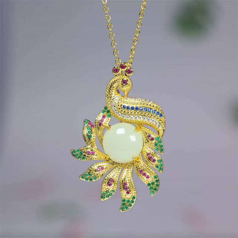 和田玉泰银镶嵌白玉凤凰吊坠毛衣链女士复古孔雀造型玉石项链配饰