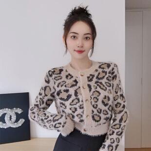 秋冬高级感仿貂绒豹纹短款针织开衫女十三行圆领外穿长袖毛衣外套