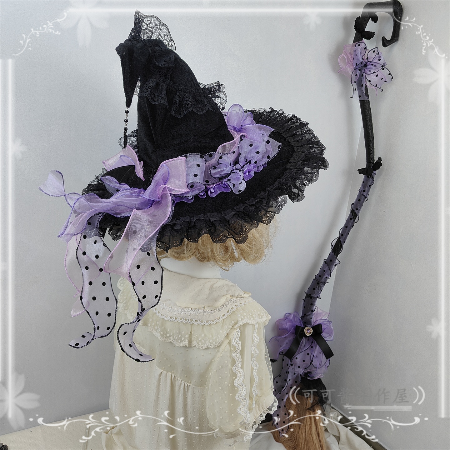 lolita摇滚甜心女巫帽魔法扫把小物万圣节紫色巫师帽暗黑哥特帽子