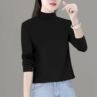 黑色半高领内搭打底衫女秋冬加绒洋气小个子短款t恤长袖保暖上衣