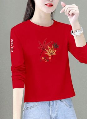 红色纯棉长袖T恤内搭打底衫女春秋季新款宽松圆领小个子短款上衣