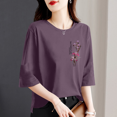 中国风夏季2025新款七分袖t恤女纯棉透气遮肉百搭上衣短袖体恤