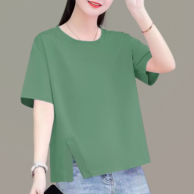下摆开叉灰绿色纯棉短袖t恤女夏季新款大码宽松遮肉显瘦纯色上衣