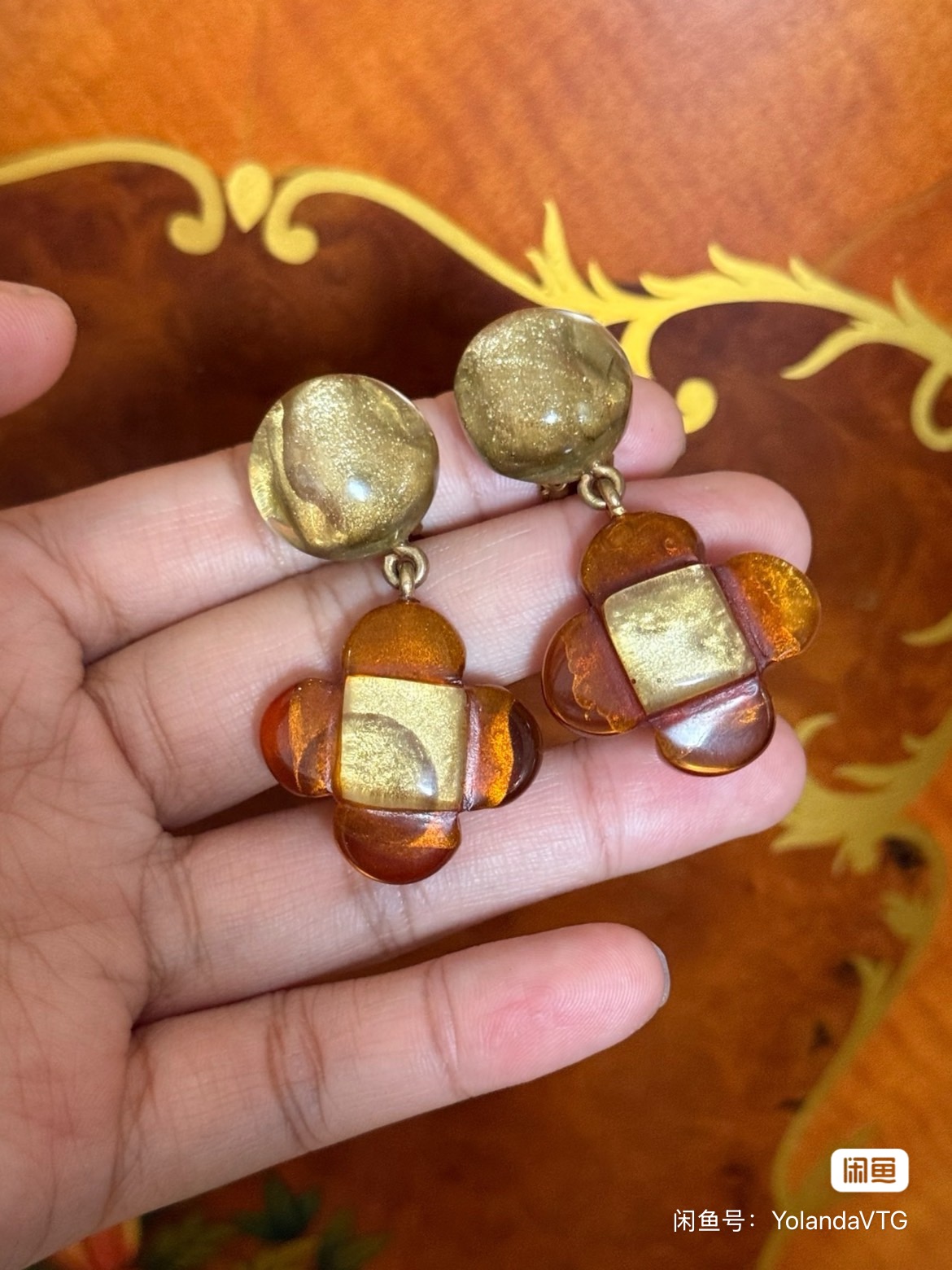 绝版法国品牌法产Dominique Denaive老钱风四叶草金沙耳夹耳环女