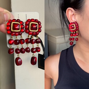 25秋冬新款现货法国dominique denaive波多尔红金流苏耳夹耳环女