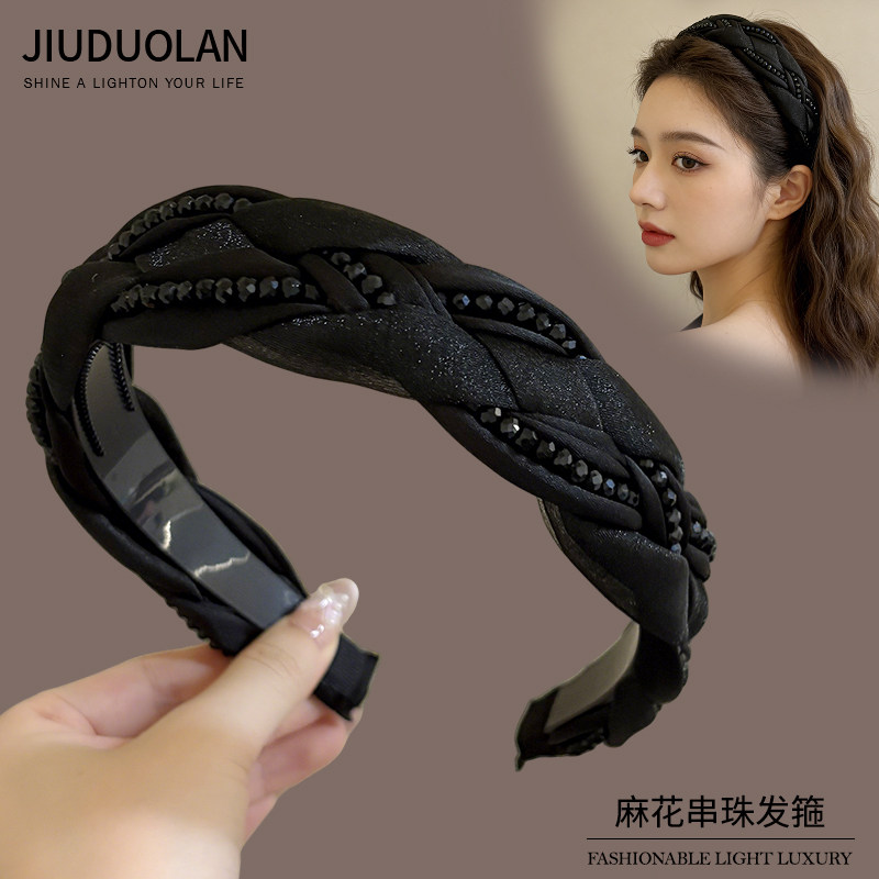 黑色麻花串珠发箍女轻奢高级感宽边气质高颅顶头箍新款压发卡头饰