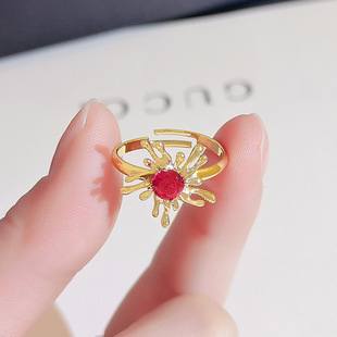 小众太阳花戒指指环女2025年新款 玫红色开口戒 个性 气质可调节时尚
