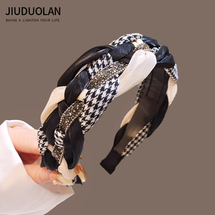高颅顶麻花辫发箍气质千鸟格时尚水钻头箍带齿轮显脸小防滑发卡