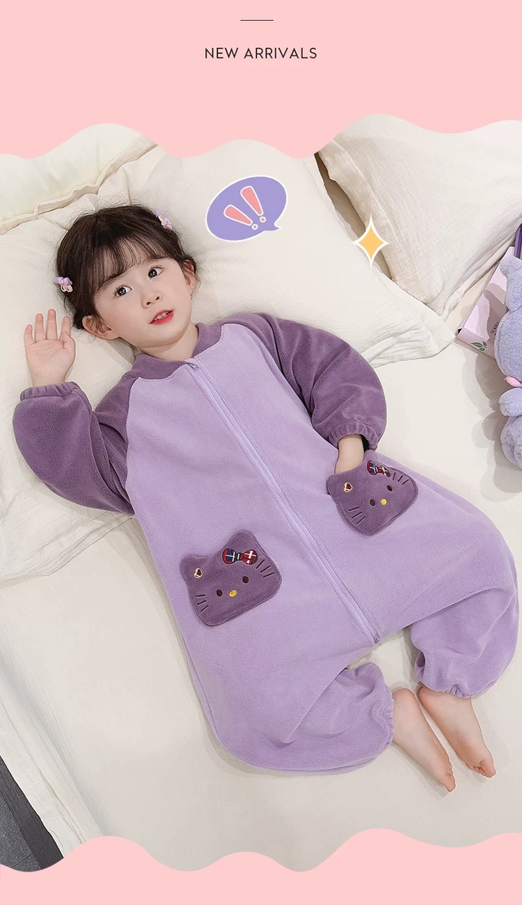冬季德绒拉链睡衣新款女孩可爱卡通刺绣凯蒂猫女童保暖连体家居服