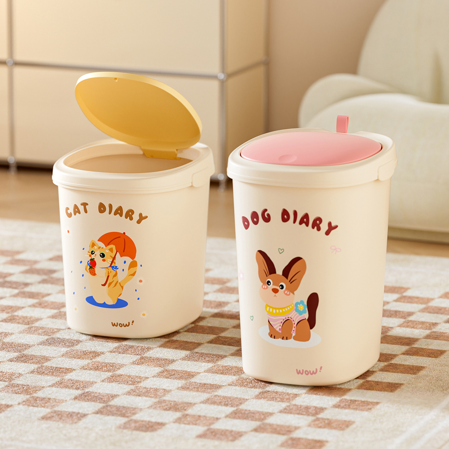 垃圾桶家用客厅卧室厨房卫生间大容量带盖高颜值可爱卡通方形纸篓