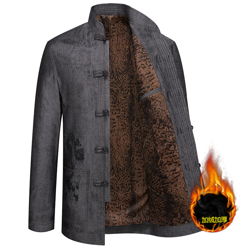 老人冬季唐装男加绒加厚外套中式盘扣宽松中山装爸爸大码立领棉衣