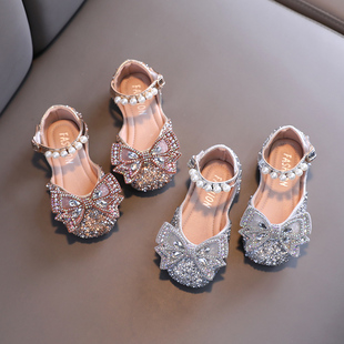 水钻蝴蝶结小女孩水晶公主鞋 女童包头凉鞋 时尚 子夏季 洋气 夏儿童鞋