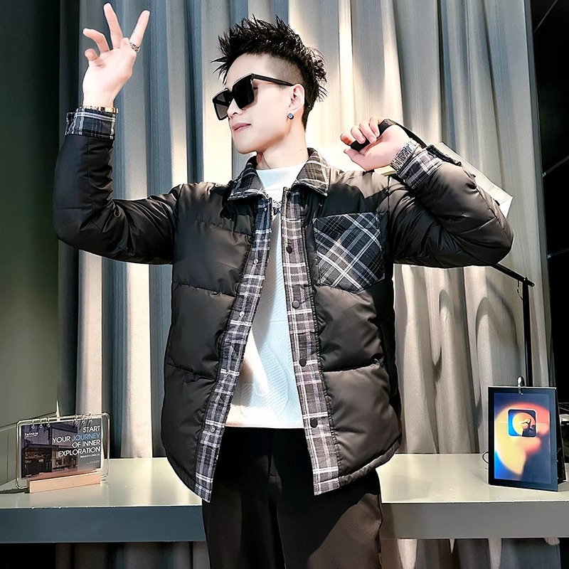 男士暗红色假两件棉衣加厚外套袄子2025新款秋冬季男装羽绒棉服帅