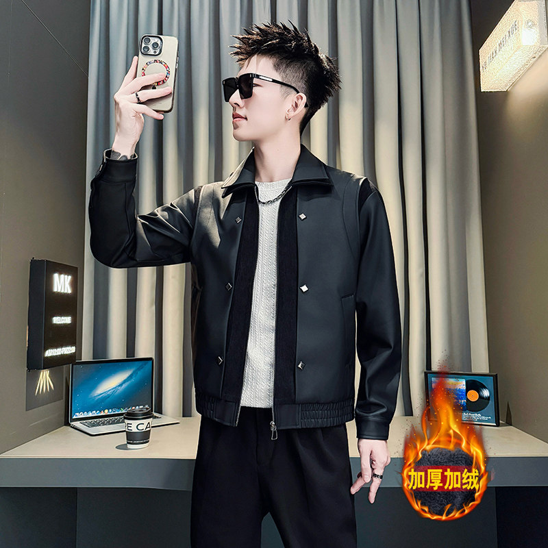 男士拼接皮衣外套设计感男装加绒2025新款秋冬季男装上衣休闲夹克