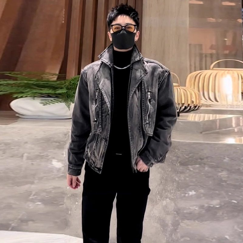 高级感假两件牛仔衣男短款秋季新款潮牌重工水洗复古做旧夹克外套