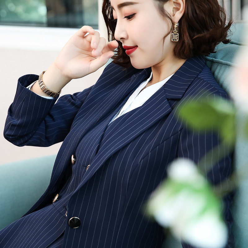 秋冬新款一粒扣条纹女式工衣
