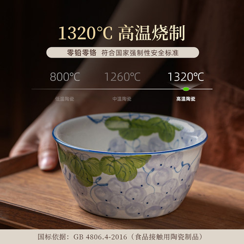 景德镇陶瓷手绘老陶泥仿古创意米饭碗沙拉碗釉下彩5寸猪鼻碗
