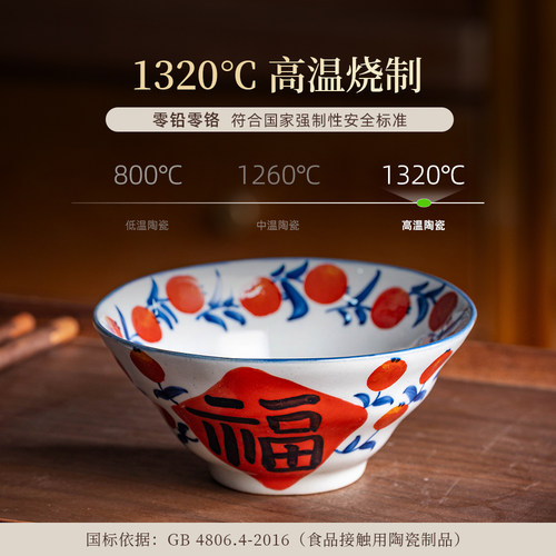 景德镇陶瓷手绘碗老陶泥仿古创意米饭碗沙拉碗釉下彩5寸控糖碗