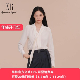 XG/雪歌女士衬衫气质飘带长袖通勤雪纺法式缎面上衣XK121017A191