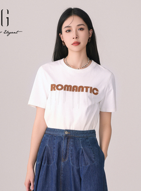 xg雪歌白色印花短袖T恤女套头2024春季新款休闲上衣XK101532A851