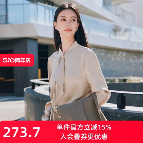 XG/雪歌新中式立领飘带雪纺衫女
