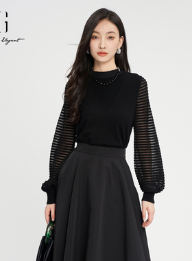 XG/雪歌网纱拼接圆领针织衫24秋新款显瘦百搭打底衫XK311825A890