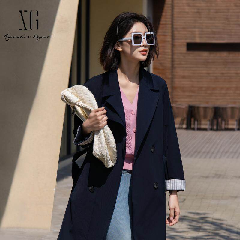 XG/雪歌藏青色中长款风衣25春季新款翻领长袖外套女XK108014A328