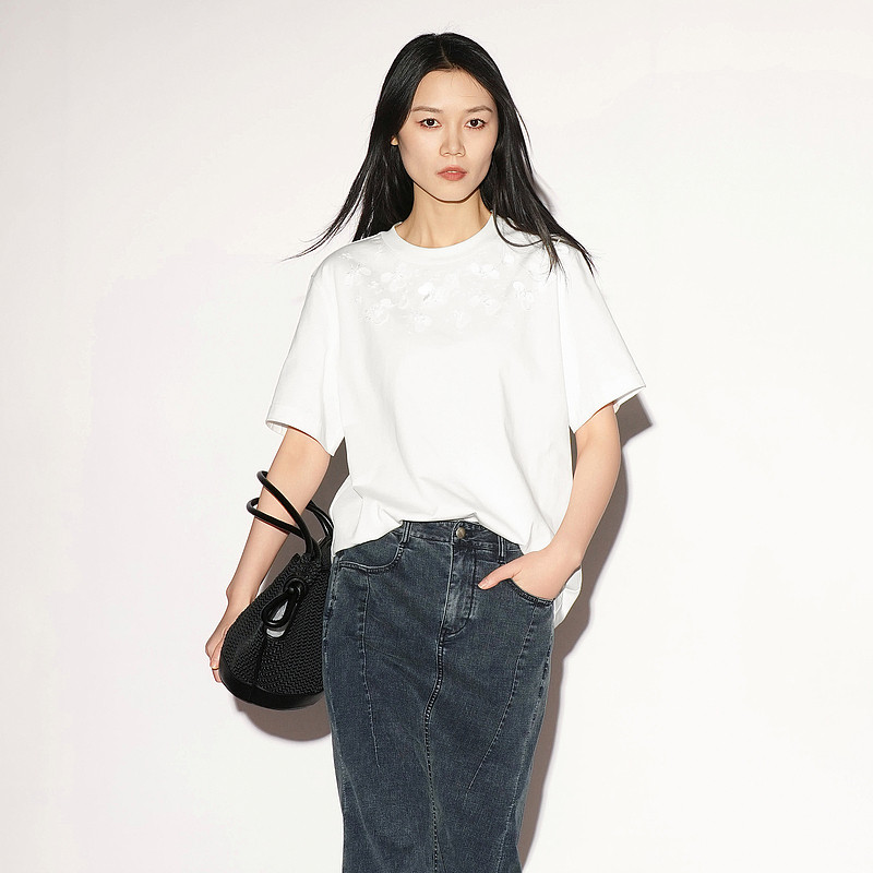 XG/雪歌白色纯棉短袖T恤女