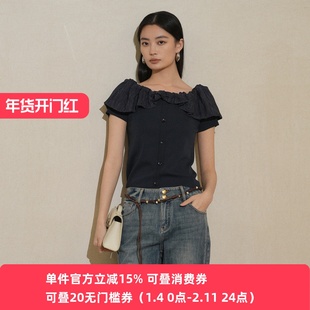 XG/雪歌26春一字肩荷叶边上衣女夏设计感小众露肩T恤XM221514A828